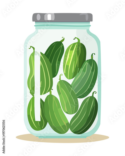Large glass jar of pickled cucumbers for traditional food preservation and healthy organic snacks for pantry storage and use - Vector Illustration