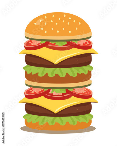 Huge triple burger with meat lettuce and tomatoes for extreme fast food menu and hungry snack time meal advertising - Vector Illustration