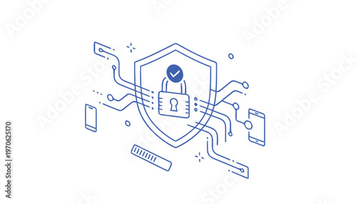 Cybersecurity concept with secure data protection shield and network connections.