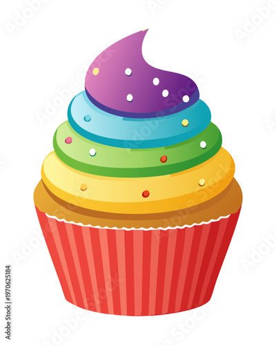Colorful rainbow cupcake with swirl frosting for birthday party dessert and sweet bakery shop menu and celebration cake - Vector Illustration