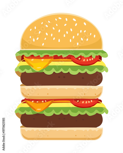 Large grilled hamburger with cheese and vegetables for classic american fast food menu and delicious meat snack and lunch - Vector Illustration