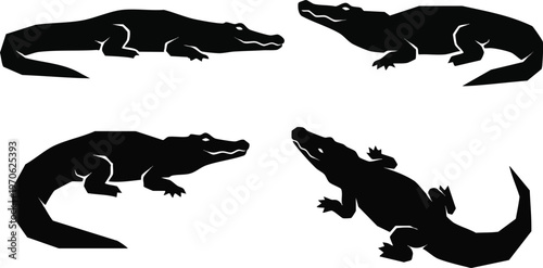 Set of Four Black Crocodile and Alligator Silhouettes.