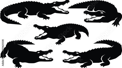 Set of Black Crocodile and Alligator Silhouettes in Various Poses.