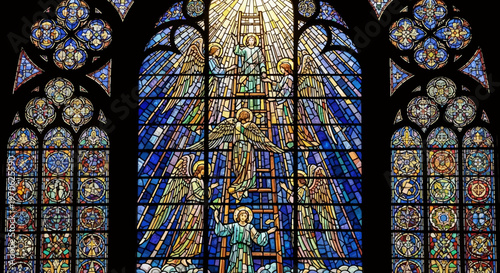 Vibrant stained glass window depicting ascension of Jesus Christ with angels