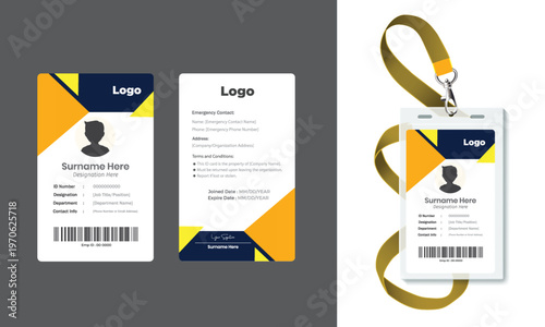 Modern Corporate ID Card Template with Geometric Orange Design - Vertical Employee Badge Layout