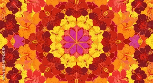 Symmetrical arrangement of vibrantly colored hibiscus flowers creating a kaleidoscopic floral pattern with a warm