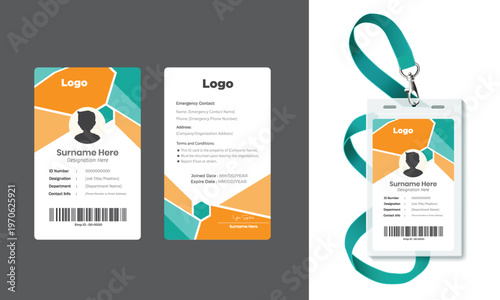 Modern Corporate ID Card Template with Geometric Orange Design - Vertical Employee Badge Layout