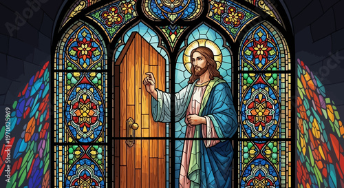 Jesus Christ standing in front of a wooden door in a stained glass window