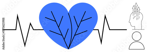 Health concept. Heart health ed by a blue heart and heartbeat line. Health is connected to physical well-being and mental growth. For brain health, wellness, mindfulness, healthcare branding