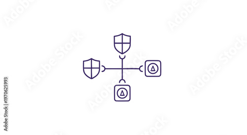 Cybersecurity network with shields and alert symbols representing data protection.