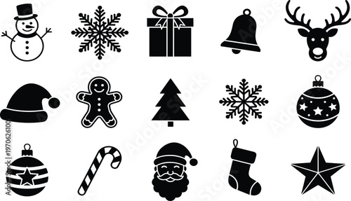 PrintSet of black Christmas holiday icons featuring Santa Claus snowman reindeer snowflakes and ornaments isolated on white background, CAD drawing flat vector illustration