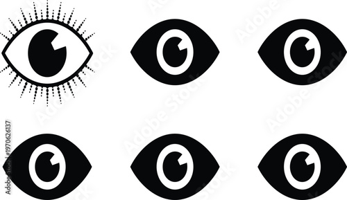 Set of black eye icons with eyelashes and rays isolated on white background for design concepts, CAD drawing flat vector illustration