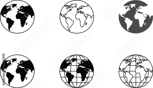 Set of black earth globe map icons with lines and silhouettes isolated on white background, CAD drawing flat vector illustration
