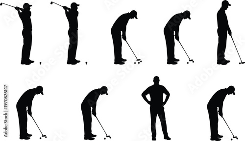 Set of black golf player silhouettes in various poses including swinging putting and standing isolated on white background, CAD drawing flat vector illustration