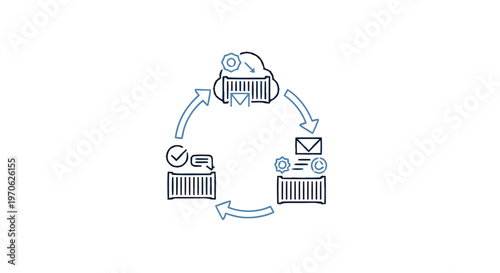 Conceptual illustration of cloud computing and data synchronization process.