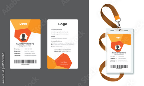 Modern Corporate ID Card Template with Geometric Orange Design - Vertical Employee Badge Layout