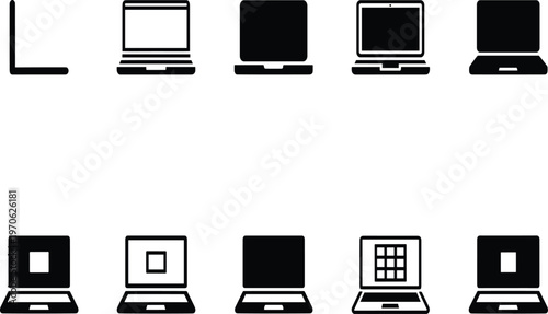Set of black laptop computer icons from different angles and views isolated on white background, CAD drawing flat vector illustration