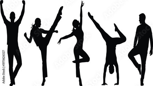 Set of black silhouettes of people dancing stretching jumping and doing handstand isolated on white background, CAD drawing flat vector illustration