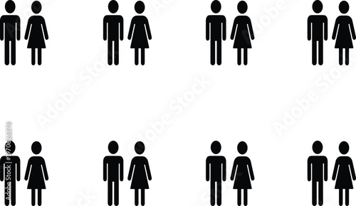 Set of black stick figure couple icons featuring a man and a woman standing together isolated on white background, CAD drawing flat vector illustration