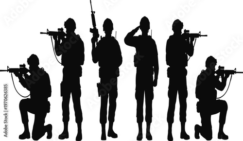 Set of black silhouettes of soldiers standing saluting and aiming with rifles isolated on white background, CAD drawing flat vector illustration