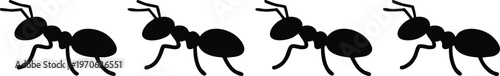 Four Black Ant Silhouettes Marching in a Row on White Background.