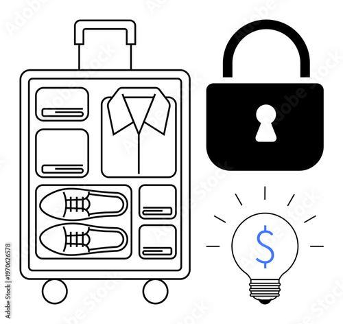 Travel planning, cybersecurity, financial management, secure storage, holiday organization, savings management. Luggage with clothing and shoes, a padlock and a lit dollar sign. Travel planning