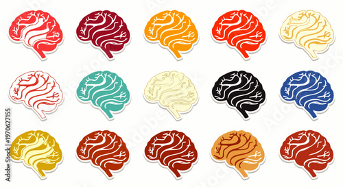 Colorful stylized brains in rows, representing ideas, creativity, and cognitive diversity in a vibrant, abstract art style.