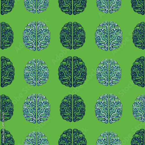 Seamless pattern of decorative brains in blue and green on a bright green background, symbolizing science, health, and intellect.