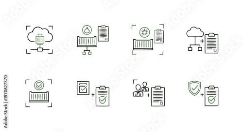 Data management and security doodle icons set for digital information protection and cloud storage.