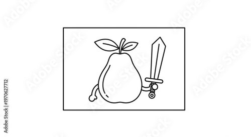 Cartoon Pear Warrior with Sword and Shield, Funny Fruit Character, Healthy Food Concept