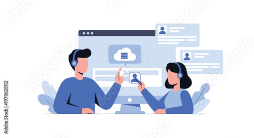 Customer service representatives assisting clients with technical support issues online.