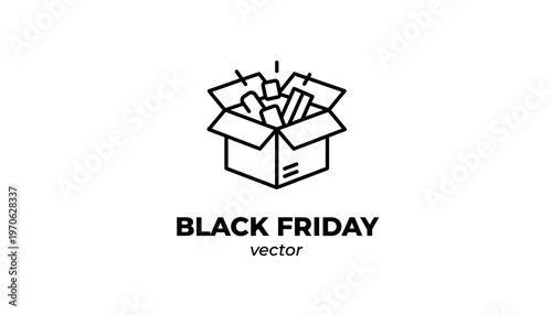 Black Friday vector icon of an open box with products, representing sales and discounts