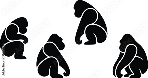 Four Black Gorilla Silhouettes in Various Poses on White Background.
