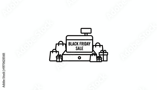 Black Friday Sale icon: Cash register with shopping bags and gift boxes