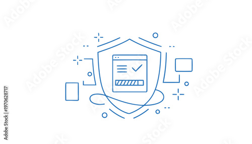 Cyber Security Shield Icon with Checkmark and Loading Bar.