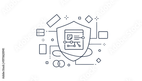 Cybersecurity Shield with Network Connections and Data Flow Illustration.