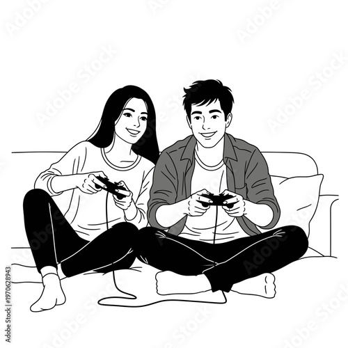 Gaming Together: A couple, immersed in the digital world, shares a moment of joyful connection while playing a video game, their eyes locked on the screen, revealing a shared interest. 