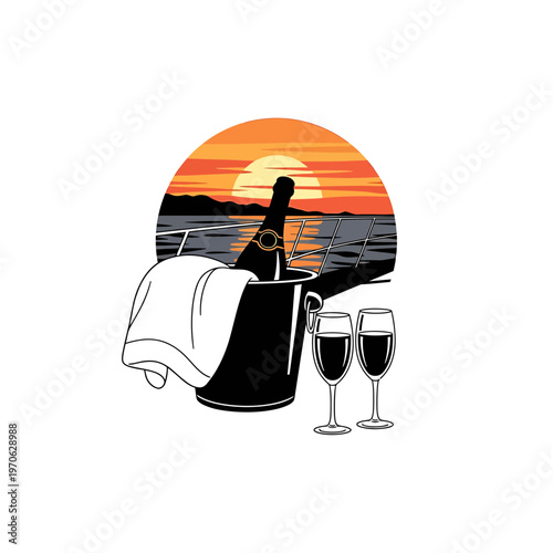Sunset Soiree: A captivating scene unfolds as a bottle of chilled beverage rests in an ice bucket, with two elegant glasses awaiting a toast, all set against a stunning sunset over tranquil water.
