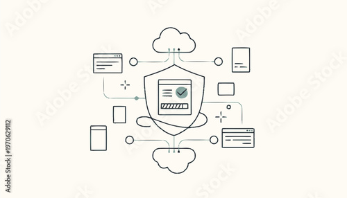 Data protection shield with cloud and device icons for cybersecurity.