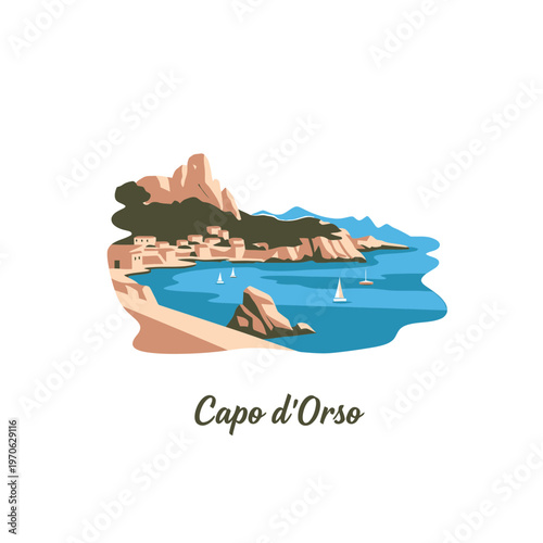 Capo d'Orso Coastal Scene: Artistic rendering of the picturesque Capo d'Orso coastal scene, showcasing the rugged beauty of the Italian coastline with its rocky cliffs, turquoise sea.