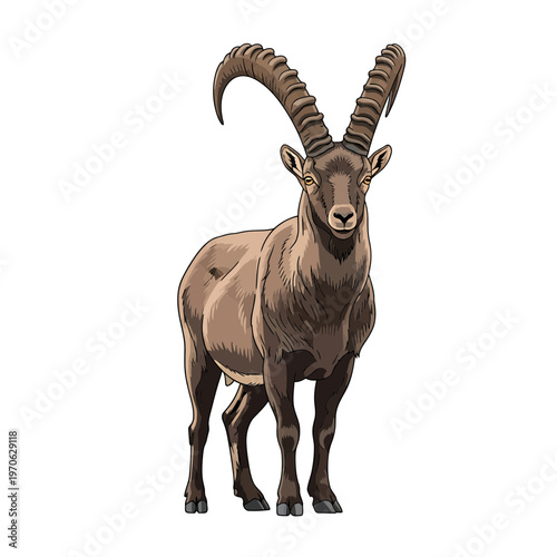 Majestic Ibex Portrait: A detailed illustration captures the powerful presence of a solitary ibex with its impressive, curved horns.