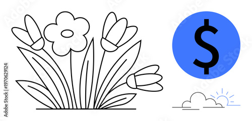 Financial growth, eco-economy, wealth, nature, sustainable investment, spring . Black outline flowers with a prominent dollar sign, small cloud and sun detail. Financial growth and eco-economy
