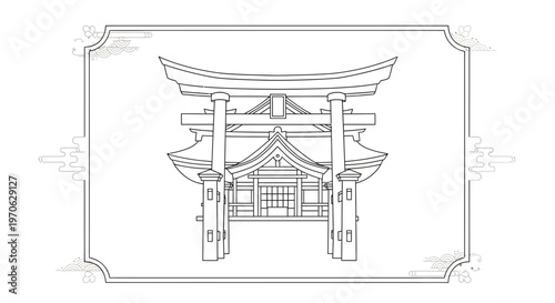 Traditional Japanese Torii Gate Outline Drawing, Sacred Shrine Entrance, Asian Architecture
