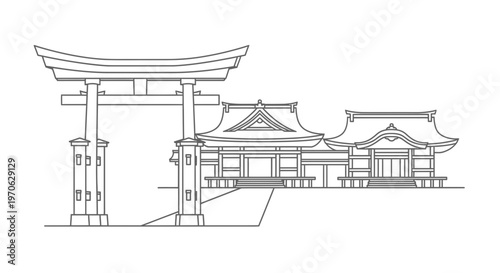Traditional Japanese Torii Gate and Shrine Buildings Outline Vector Illustration