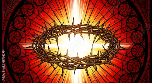 Crown of thorns on stained glass window with bright light
