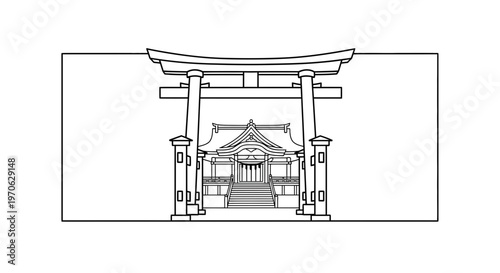 Traditional Japanese Torii Gate and Shrine Building Line Art Illustration