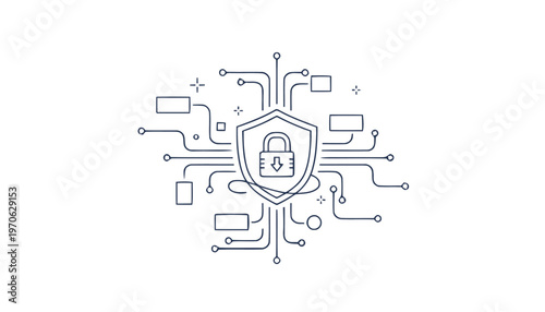 Cybersecurity Shield with Padlock and Network Connections Line Art.