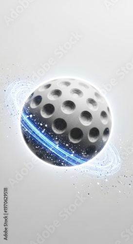 Futuristic golf ball with glowing blue energy rings, symbolizing innovation and motion