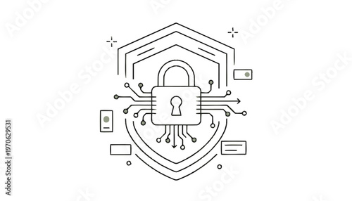 Cyber Security Shield with Padlock and Circuit Board Illustration.