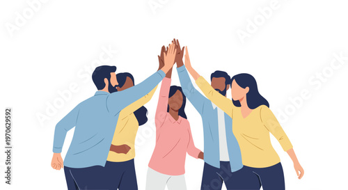This vector illustration shows a diverse team of men and women coming together for a high five to celebrate success and unity.